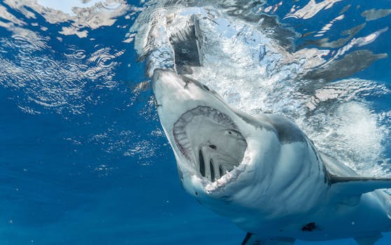 Dangerous shark with sharp teeth hunting in clean transparent water of vast blue ocean