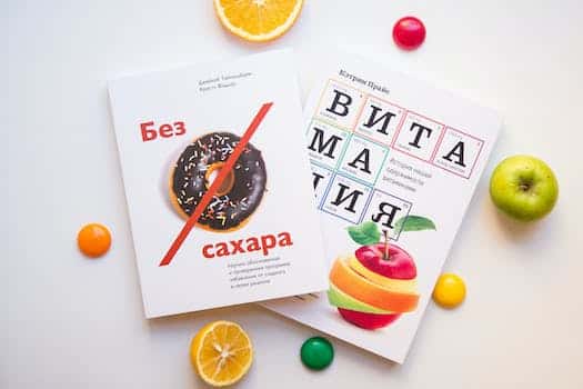 Colorful fruits and books about healthy products