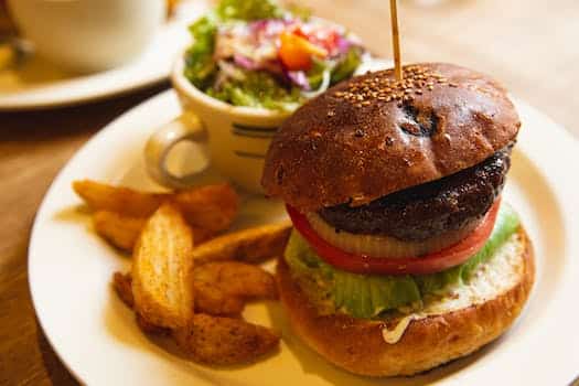 Delicious burger with vegetables and fries