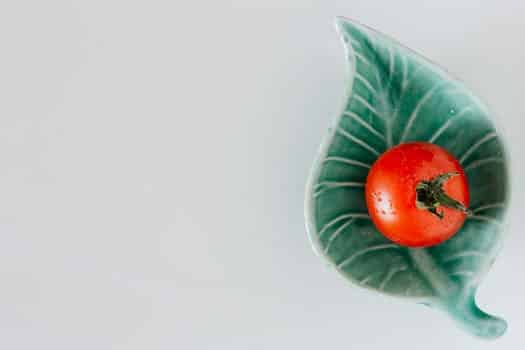 Top view of ripe red tomato with drops placed on ceramic plate in leaf form